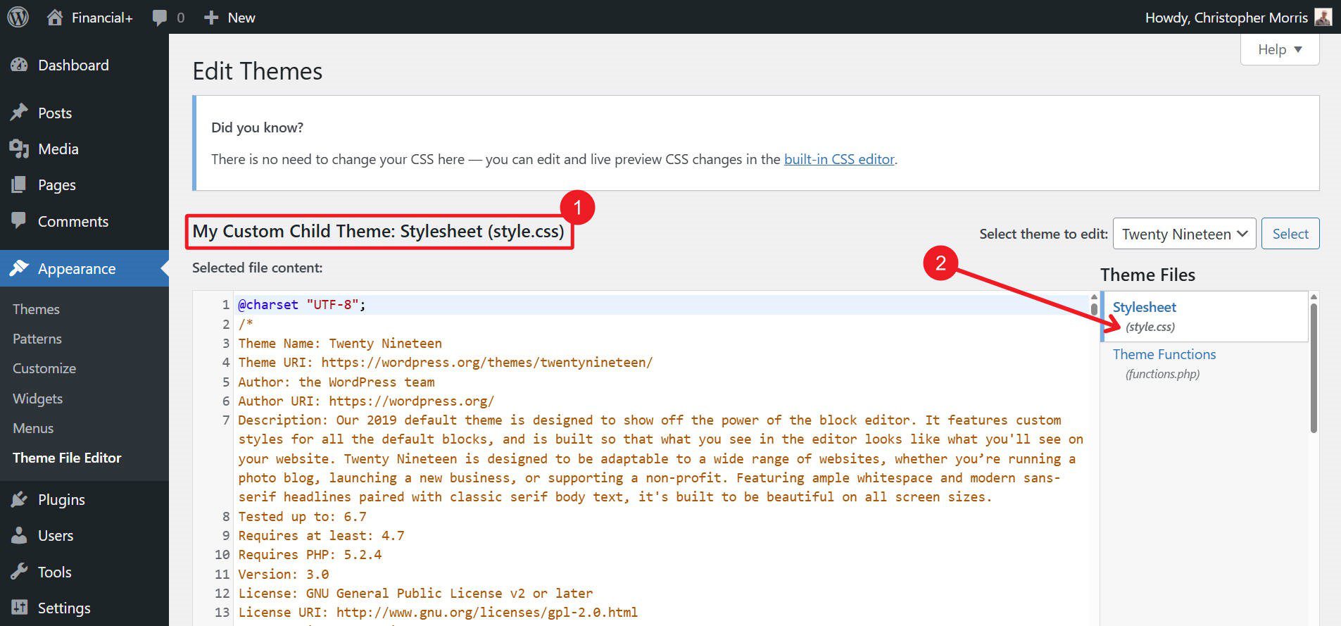 Agregue CSS no estándar al editor de archivos de WordPress para el tema del niño